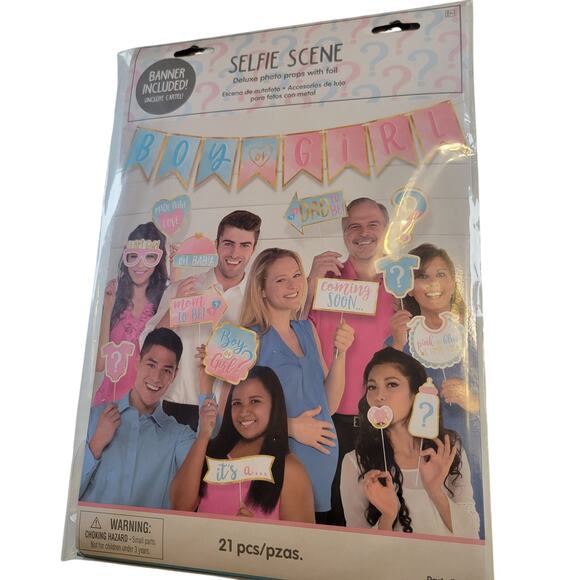 Baby Gender Reveal Selfie Scene Photo Props Set - 21 Pieces with Banner - Picture 4 of 13